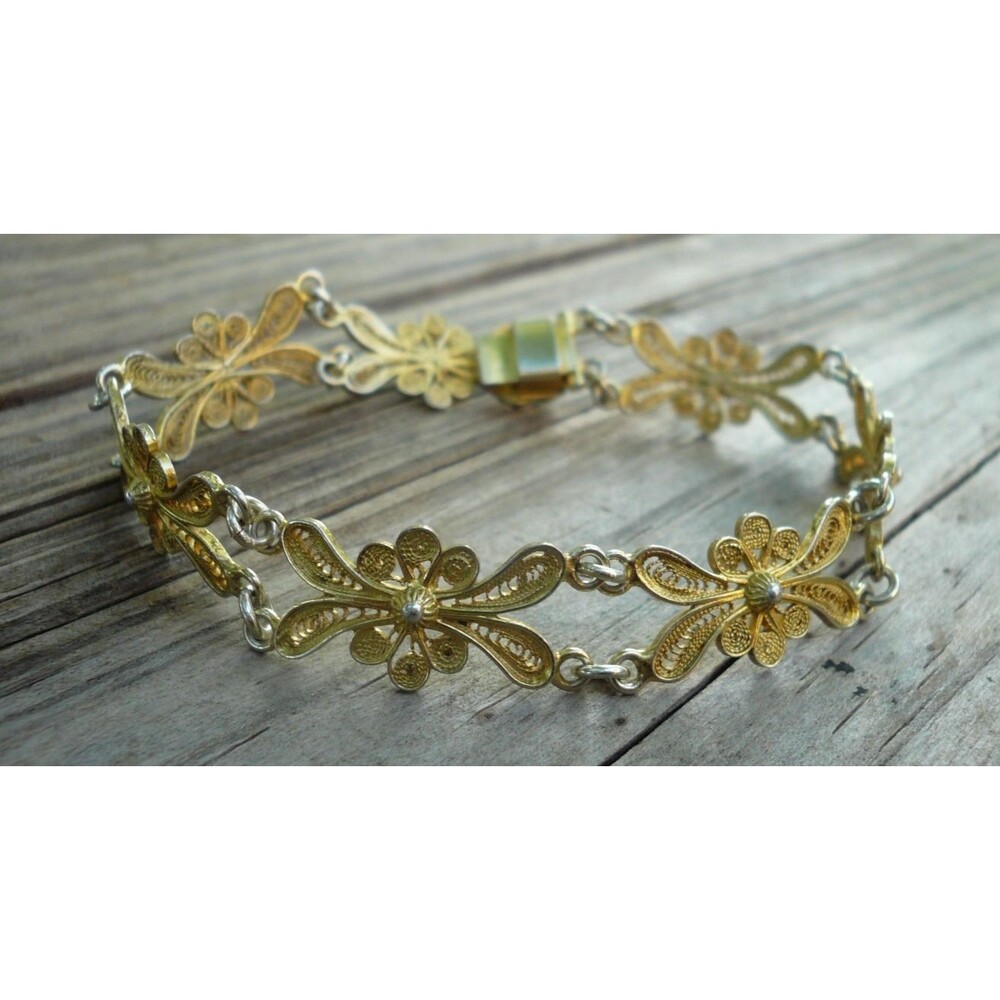 Antique 800 Silver Gold Vermeil Gilt Filigree Cannetille Wire Work Bracelet - Picture 4 of 8